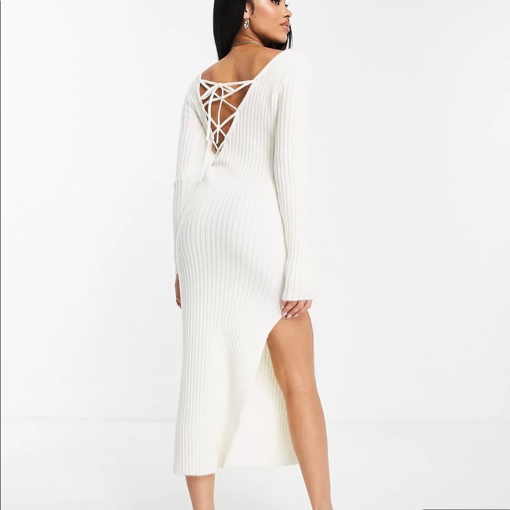 ASOS DESIGN knit maxi dress with asymmetric lace-up back detail in cream US 2